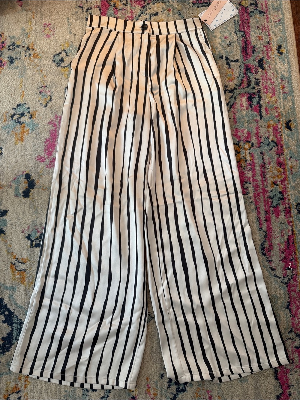Striped Wide-Leg Pants - Champagne & Black